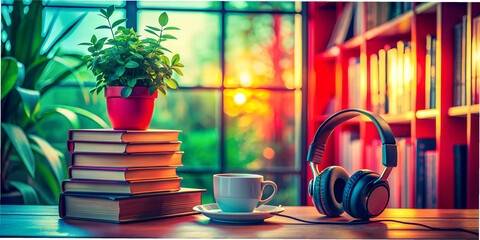 Relaxing playlist enhances quiet moments by the window with coffee, a plant, and headphones at sunset