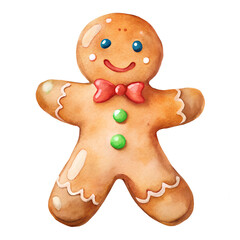 Obraz premium Watercolor Gingerbread Man Illustration with Red Bow Tie and Green Buttons