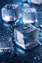 Close-up of glistening ice cubes with condensation droplets, melting slightly, in a pile on a reflective surface