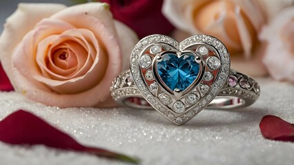 Naklejka premium Heart-Shaped Topaz Ring with Roses and Petals