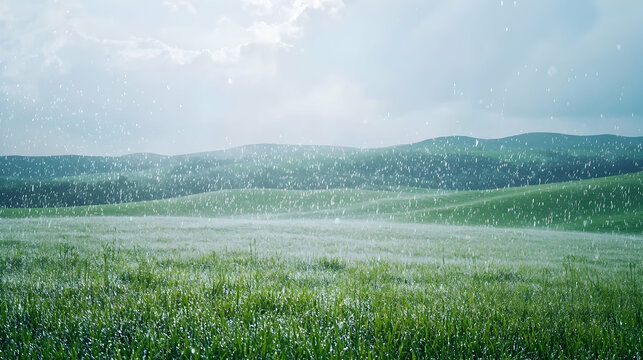 Rain falling gently over a countryside field with rolling hills
