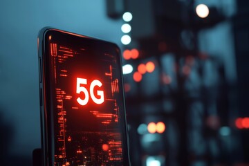 Obraz premium Smartphone with bright 5g logo in front of a telecom tower, symbolizing advanced network technology