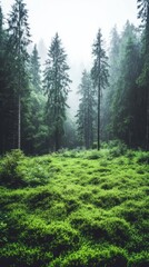 Fototapeta premium A serene Scandinavian forest scene with tall trees and lush green moss, creating a tranquil and misty atmosphere.
