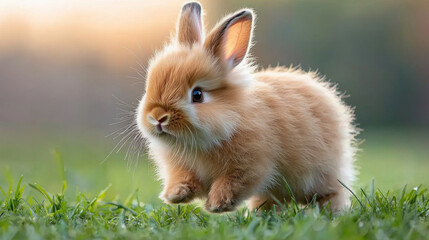 Fototapeta premium Cute fluffy bunny hopping across green grass at sunset in a peaceful meadow