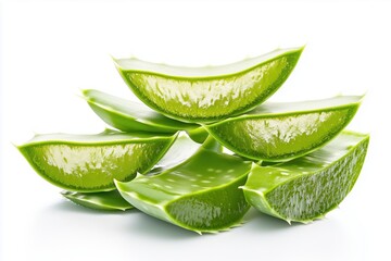Fototapeta premium Fresh aloe vera plant cut leaf isolated on white background for skincare product mockups