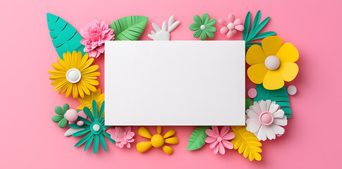 Fototapeta premium Invitation mockup, blank white paper with paper cut blossom and flowers. Woman's day, 8 march, Easter, Mother's day, anniversary greeting cardflowers and