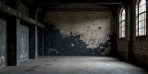 A dimly lit, expansive interior space within an aged industrial building, featuring aged brick walls with mottled dark paint, large arched windows, and a worn concrete floor.