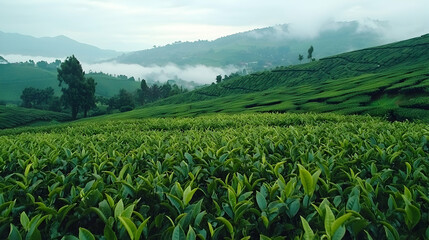 Fototapeta premium Vast tea fields stretching across rolling hills under a misty sky