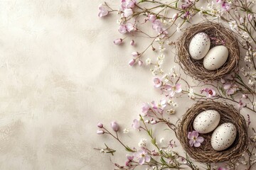 Spring Easter holiday top view flat lay background with eggs in nests and spring flowers.