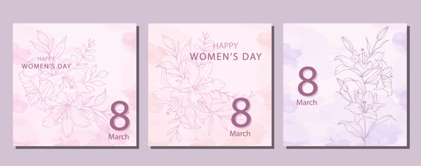 Womens Day Poster. Set of Floral Posters for 8th March. Flower design Womens Day Greeting Cards. Women Day background Templates with Floral Line Art.