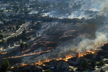 Firefighters battling a blaze in a neighborhood