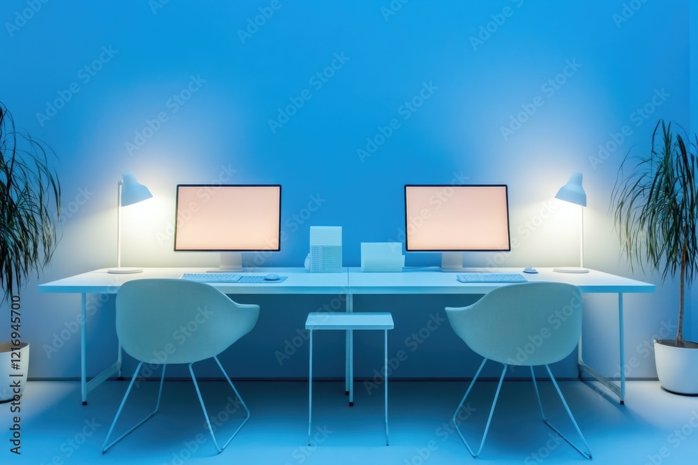 Poster a desk setup with two computer monitors and a minimalist background