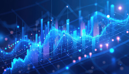 Fuctuating financial chart with vibrant blue bars and lines of market trends, patterns, and statistics over time. Futuristic data visualization. Copy space