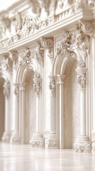 Elegant vintage wall design with ornate arches and intricate carvings, creating a luxurious cinematic backdrop in soft white tones.