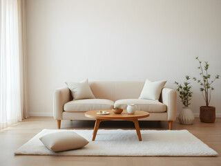 Minimalist Living Room: A serene living space exudes tranquility with a plush beige sofa, a minimalist wooden coffee table, and a potted plant.