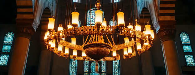 Obraz premium Church Chandelier Lit Stained Glass