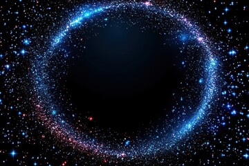 Glowing blue and pink glitter swirl forms a circle on black background, sprinkled with stars. Perfect for festive designs, adding a magical, celestial touch to your projects.