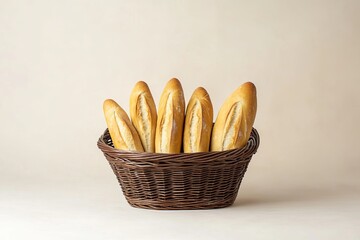A minimalist shot of fresh baguettes arranged neatly in a wicker basket. picture