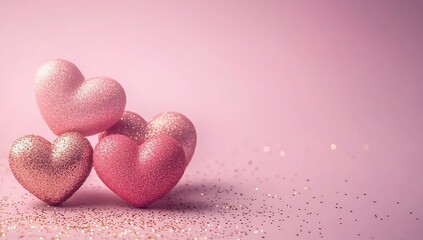 Obraz premium Pink background with hearts and sparkles for Valentine's Day, love concept.