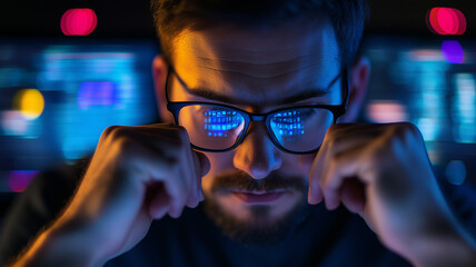 focused man wearing glasses analyzes data on computer screen, surrounded by vibrant digital environment. His intense expression reflects concentration and determination