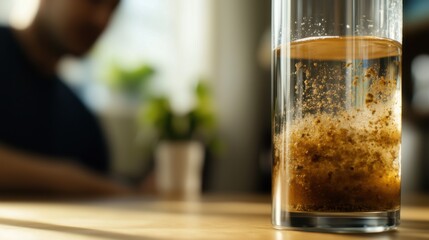 Clear water with sediment settling in a glass on a wooden table during a relaxed afternoon