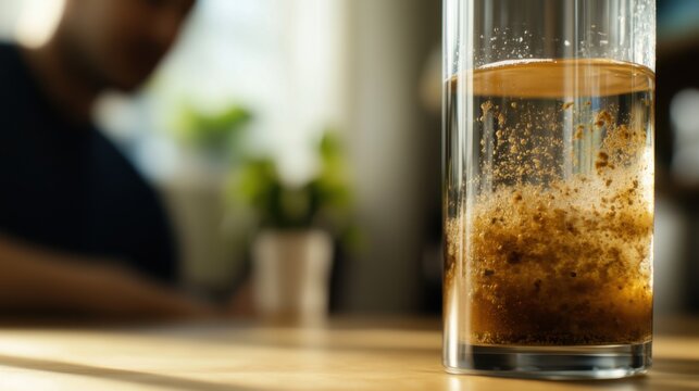 Clear water with sediment settling in a glass on a wooden table during a relaxed afternoon