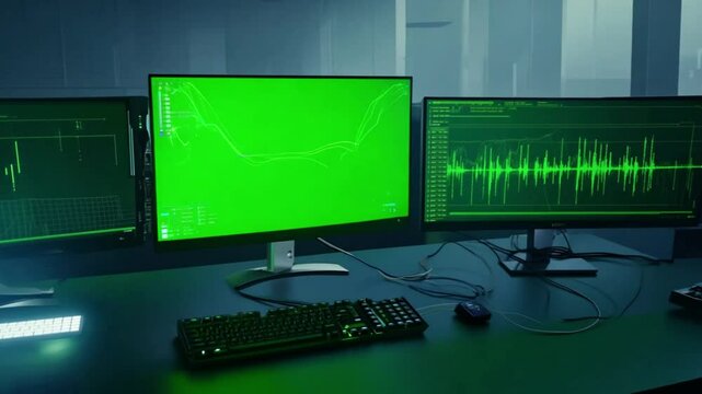 Dual monitors displaying green screens in a dimly lit modern office, showcasing technology, data analytics, and productivity in a corporate or tech-focused business setting.