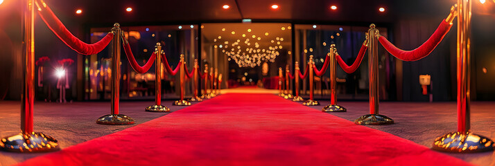 Luxurious red carpet event entrance with glowing lights, velvet ropes. Elegant premiere night walkway with red carpet and golden barriers. Exclusive gala setting, vibrant red carpet, shimmering lights