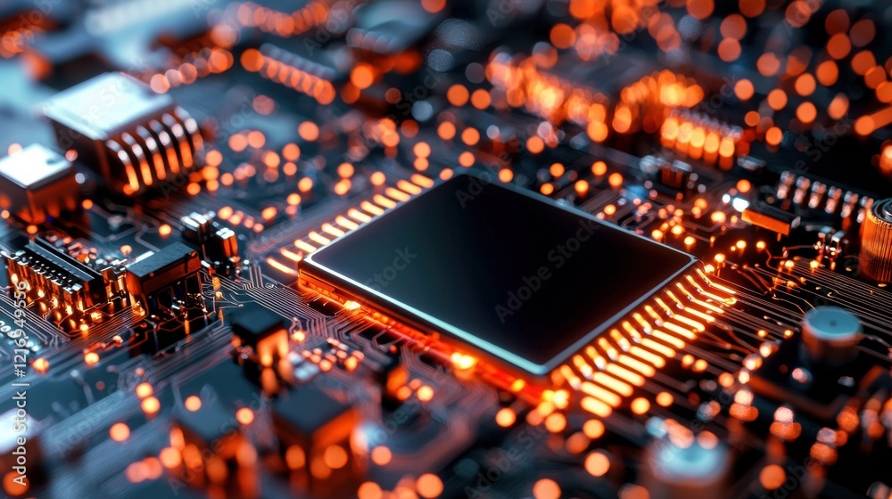 Poster futuristic computer microchip circuit board with glowing lights and patterns