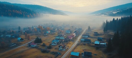 Fototapeta premium Misty Mountain Village Aerial Sunrise