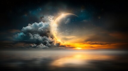 Fototapeta premium A mystical twilight sky filled with swirling clouds, stars beginning to twinkle, soft glow illuminating a calm ocean, surreal and dreamlike 