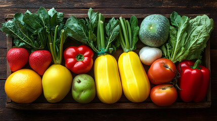 Vibrant Assortment of Fresh Fruits and Vegetables in Wooden Tray