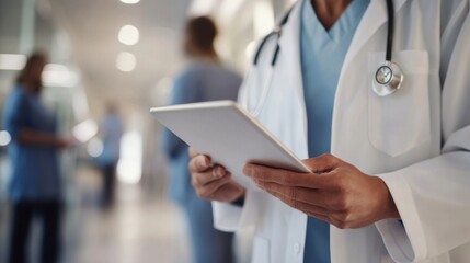 Telehealth technology and digital healthcare innovation featuring doctor using tablet for medical software management, cardiology data analysis, and patient results update in a modern hospital workpla