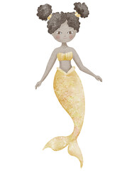 Watercolor illustration of dark skinned Mermaid with golden yellow tail and curly black hair for baby shower invitations or girls nursery wall art. Drawing of sea creature for kids greeting cards.