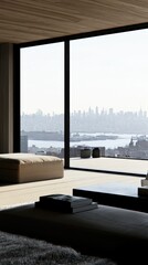 Fototapeta premium Modern living room with a minimalist design featuring large windows overlooking a cityscape and river, accentuating natural light and a calming atmosphere.