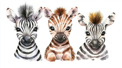 Obraz premium adorable watercolor baby zebra art: three cute nursery animal illustrations in charming striped prints