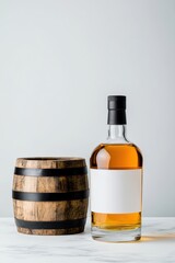 A bottle of Scotch whiskey and an old wooden barrel are elegantly displayed on a white surface, evoking a sense of classic sophistication.