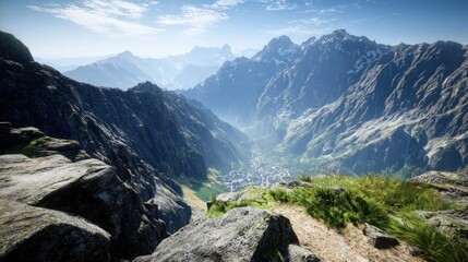 Mountaintop scenic view; valley village, hazy sunlight