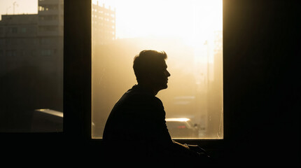 Silhouette of a depressed man by the window at sunset. Loneliness and depression concept