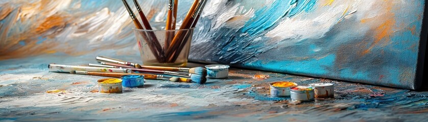 Obraz premium Artist's palette with paintbrushes, paints, and canvas. Abstract art background