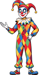 Cartoon joker character showing something with open hand palm