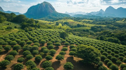 Fototapeta premium Expansive view of lush green hills and neatly arranged trees in a mountainous landscape during daylight
