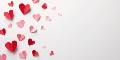 A delightful array of paper hearts, in shades of pink and red, scattered across a pristine white background, creating a charming and romantic ambiance.
