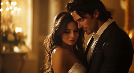 Couple embracing in elegant setting with warm lighting at a romantic event