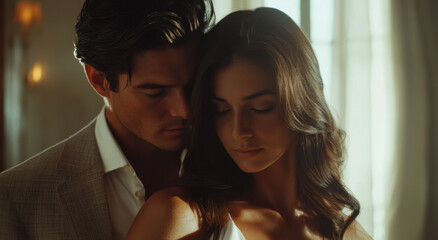 Romantic couple embraces in soft light in elegant indoor space