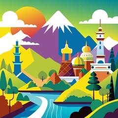 Colorful landscape showcasing mountain scenery and vibrant architectural styles in a serene natural setting