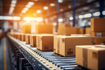 Efficient warehouse operations illustrated by conveyor belt transporting cardboard boxes