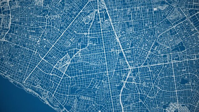 Ink reveal animation of Lima city, Peru, grid map. Aerial top view. Blueprint style. White lines with blue background. 4K Seamless loop.