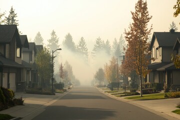 A peaceful suburban street lined with houses and trees on both sides