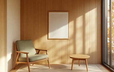 A minimalist interior with a vertical plank wooden wall in a soft oak finish, featuring an empty poster frame and a cozy armchair beside a simple coffee table. 